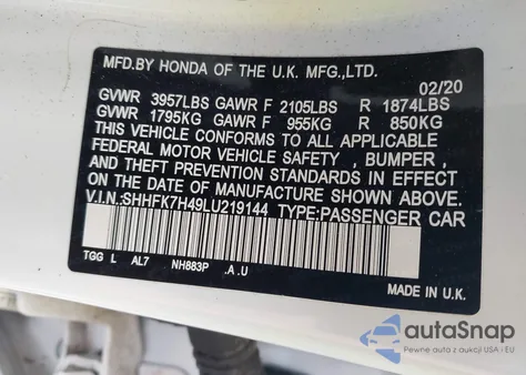 2020 Honda Civic Sport from USA, damaged, VIN SHHFK7H49LU219144